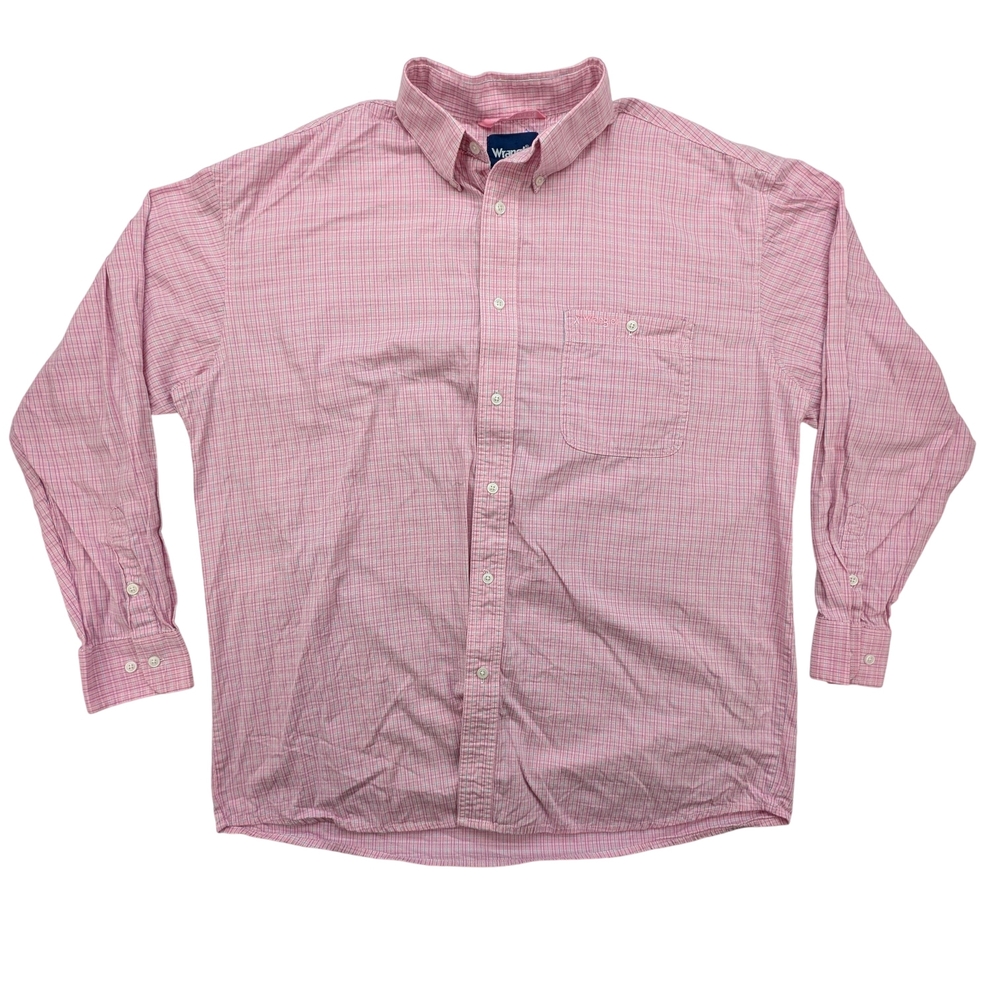 Wrangler Shirt Mens XL Button Down Pink Plaid Long Sleeve Pocket Classic